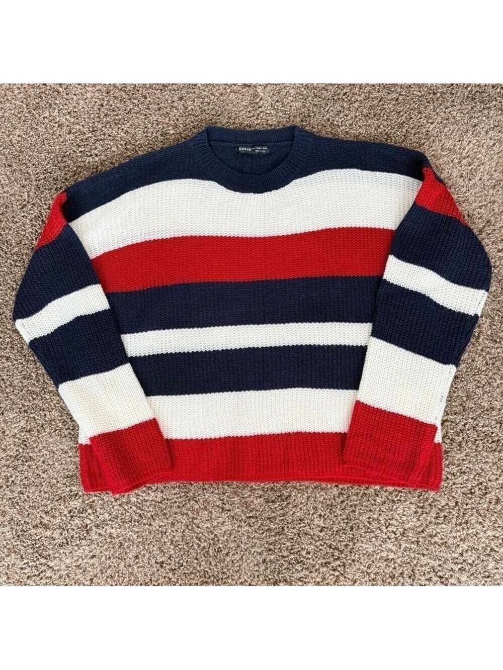 SHEIN Striped Crewneck Sweater Navy Red White Large